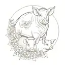 pig, cow and rat with floral wreath, fine line, not cartoon style  tattoo design idea