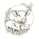 pig, cow and rat with floral wreath, fine line, not cartoon style  tattoo design idea