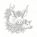 pig, cow and rat with floral wreath, fine line, not cartoon style  tattoo design idea
