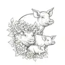 pig, cow and rat with floral wreath, fine line, not cartoon style  tattoo design idea
