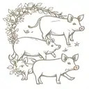 small mouse next to a pig and a cow. surrounded by small flowers and stars in a floral wreath. fine line realistic  tattoo design idea
