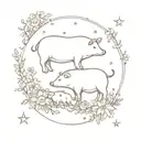 small mouse next to a pig and a cow. surrounded by small flowers and stars in a floral wreath. fine line realistic  tattoo design idea