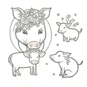 small mouse next to a pig and a cow. surrounded by small flowers and stars in a floral wreath. fine line realistic  tattoo design idea