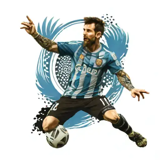 sleeve on left arm containing an image of Messi, the World Cup with Argentine flag and date 12/18/22, a tattoo design idea