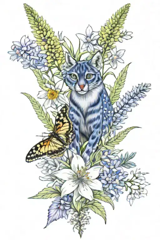lily, lupine, aster, large bluet, fern, blue eyed grass, buttercups, sulfer cinquefoil tattoo design idea