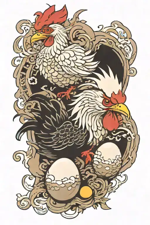 Two chicken with and egg that crack and a dragon with wood element coming out from that egg tattoo design idea