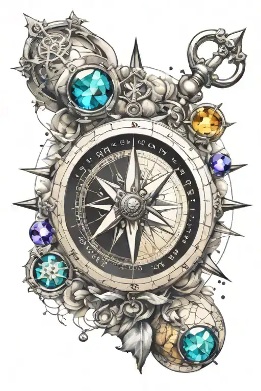 compass with august, december, april, and october birthstones replacing N, E, S, and W points tattoo design idea