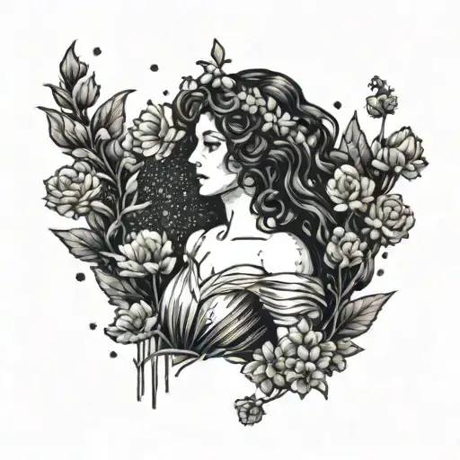 A pixelated representation of Persephone emerging from a field of blooming flowers, inspired by vintage video game graphics tattoo design idea