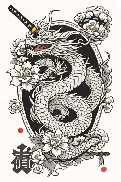 Dragon with katana in sakura flowers tattoo design idea
