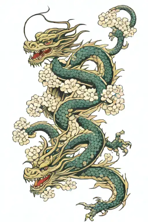 sakura and dragon in flowers tattoo design idea