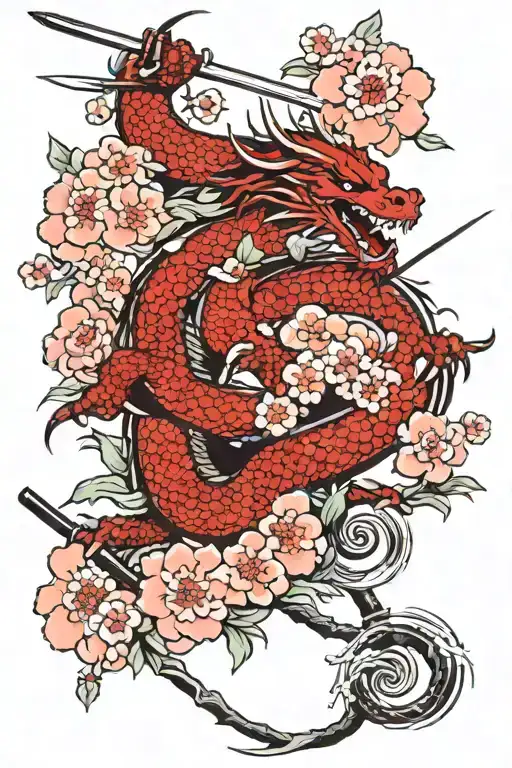 Red Dragon with katana in sakura flowers tattoo design idea