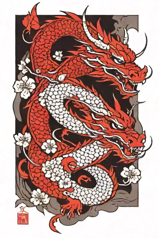 Red Dragon with katana in sakura flowers tattoo design idea