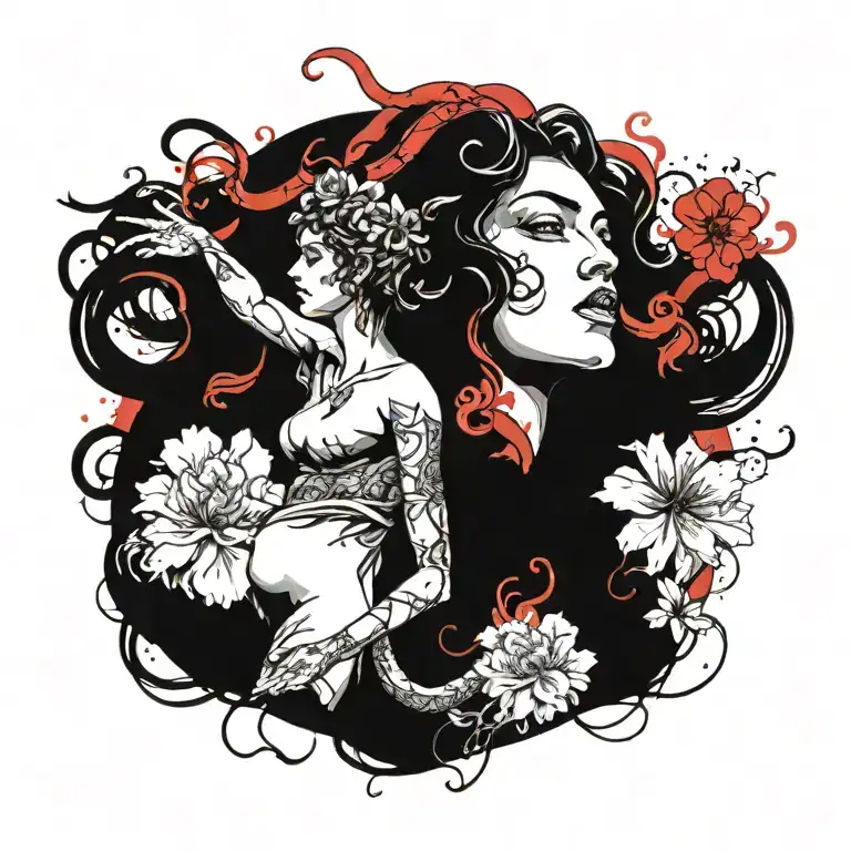greek mythology MEDUSA petrifying hercules  AND SAKURA BLOOMING IN BACKGROUND  tattoo design idea