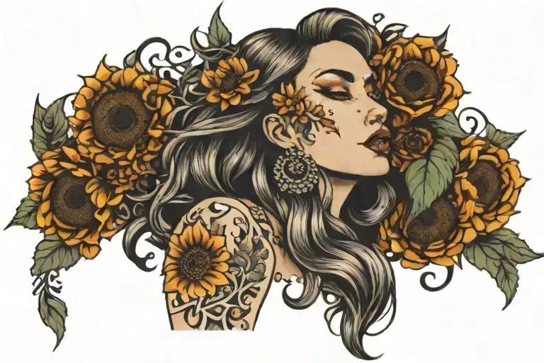 flowers and crowns underneath her with sunflowers tattoo design idea