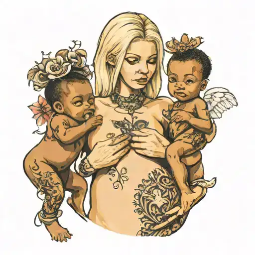 nude pregnant slim european blonde teenage girl holds black babies tattoo design idea