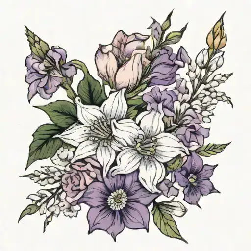 bouquet, cosmo, narcissus, poppy, gladiolus, violet, larkspur tattoo design idea