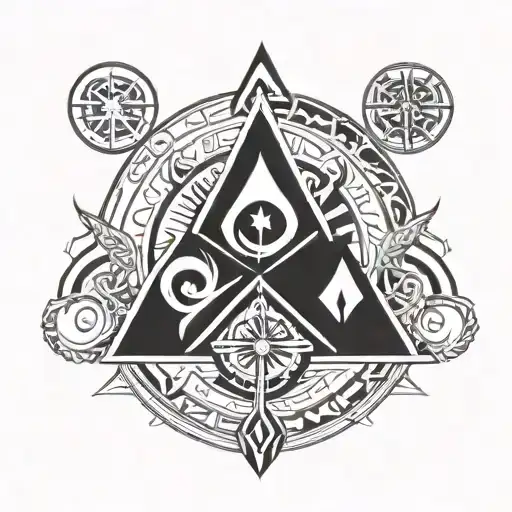 An intricate design featuring elements from Assassin's Creed and traditional Norse symbols tattoo design idea