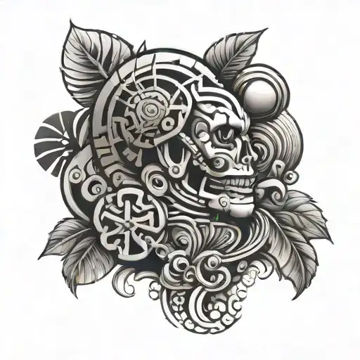 Create a Polynesian inspired tattoo design with blackwork accents featuring rocks and CNC machinery tattoo design idea