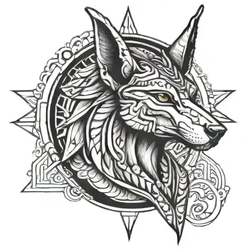 Design a forearm tattoo featuring the head of Anubis predominantly in black ink. Surround the head of Anubis with styliz tattoo design idea
