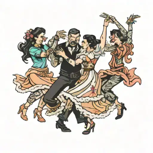 four people dancing wildly with dolls tattoo design idea