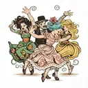 four people dancing wildly with dolls tattoo design idea