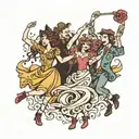 four people dancing wildly with dolls tattoo design idea