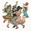 four people dancing wildly with dolls tattoo design idea