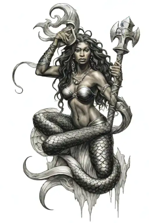 black skinned mermaid with flowing hair wrapped around Thor's hammer tattoo design idea