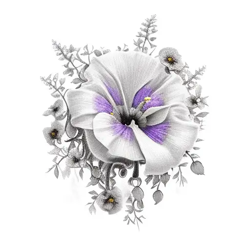 bouquet with all of these flowers: wisteria, poppy, morning glory, carnation, ivy, daisy, rose, violet, cornelia tattoo design idea