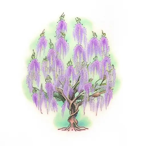 willow tree filled with wisteria, violet, ivy, rose, poppy, morning glory, carnation, daisy tattoo design idea