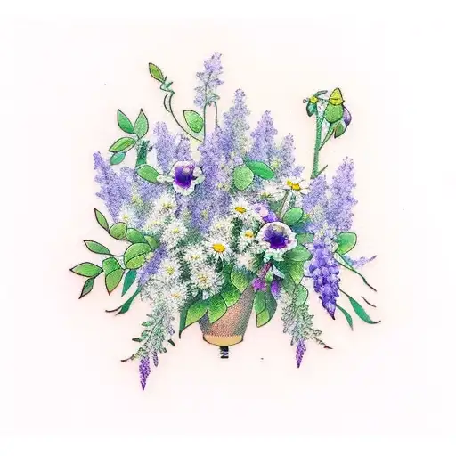 a bouquet of the following flowers: wisteria, violet, ivy, rose, poppy, morning glory, carnation, daisy tattoo design idea