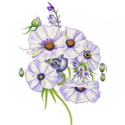 include all of these flowers: wisteria, poppy, morning glory, carnation, ivy, daisy, rose, violet, cornelia tattoo design idea