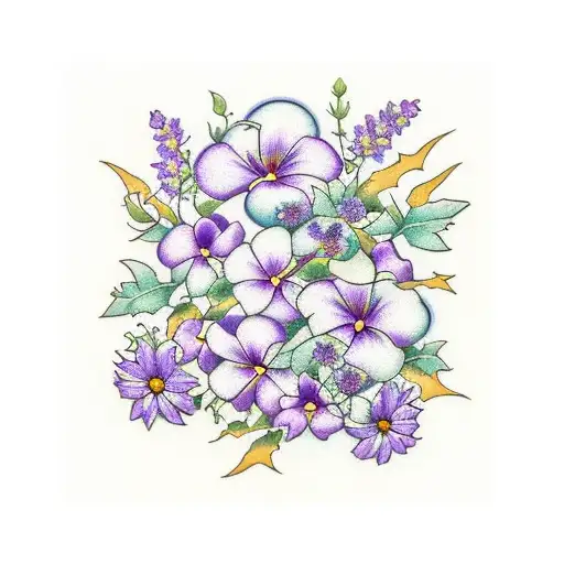 design featuring the following flowers: wisteria, violet, ivy, rose, poppy, morning glory, carnation, daisy tattoo design idea