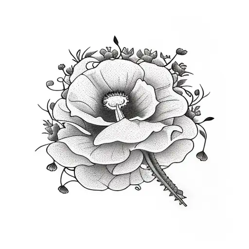 forearm sleeve with only these flowers: wisteria, poppy, morning glory, carnation, ivy, daisy, rose, violet, cornelia tattoo design idea