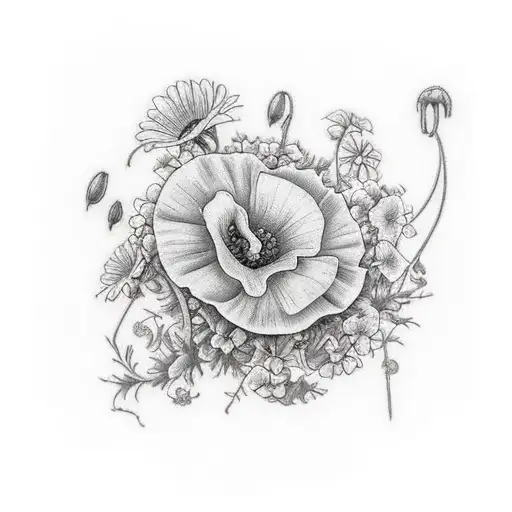 feature all of these flowers in a design: wisteria, poppy, morning glory, carnation, ivy, daisy, rose, violet, cornelia tattoo design idea