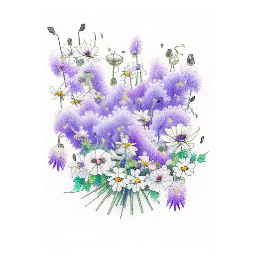 bouquet with only these flowers: wisteria, poppy, morning glory, carnation, ivy, daisy, rose, violet, cornelia tattoo design idea
