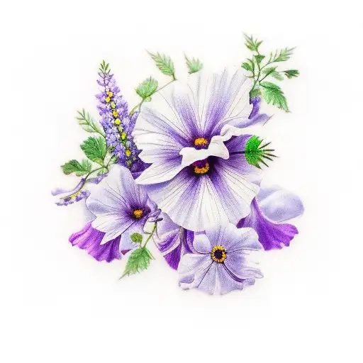 a bouquet of the following flowers: wisteria, violet, ivy, rose, poppy, morning glory, carnation, daisy tattoo design idea