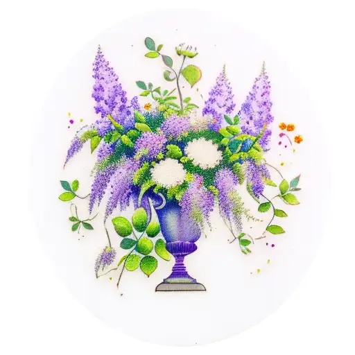flowers in a vase with wisteria, violet, ivy, rose, poppy, morning glory, carnation, daisy tattoo design idea