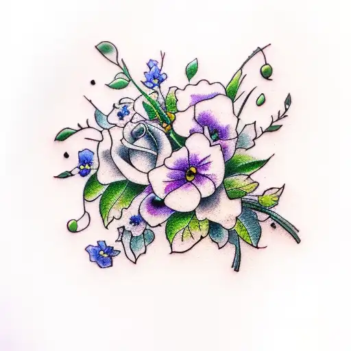 a bouquet of the following flowers: wisteria, violet, ivy, rose, poppy, morning glory, carnation, daisy tattoo design idea
