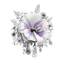 bouquet with all of these flowers: wisteria, poppy, morning glory, carnation, ivy, daisy, rose, violet, cornelia tattoo design idea