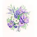 bouquet with all of these flowers: wisteria, poppy, morning glory, carnation, ivy, daisy, rose, violet, cornelia tattoo design idea