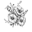 bouquet with all of these flowers: wisteria, poppy, morning glory, carnation, ivy, daisy, rose, violet, cornelia tattoo design idea