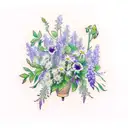 a bouquet of the following flowers: wisteria, violet, ivy, rose, poppy, morning glory, carnation, daisy tattoo design idea