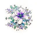 a bouquet of the following flowers: wisteria, violet, ivy, rose, poppy, morning glory, carnation, daisy tattoo design idea