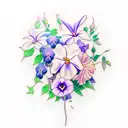 a bouquet of the following flowers: wisteria, violet, ivy, rose, poppy, morning glory, carnation, daisy tattoo design idea