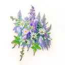 a bouquet of the following flowers: wisteria, violet, ivy, rose, poppy, morning glory, carnation, daisy tattoo design idea