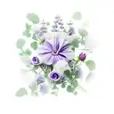 a bouquet of the following flowers: wisteria, violet, ivy, rose, poppy, morning glory, carnation, daisy tattoo design idea