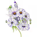 include all of these flowers: wisteria, poppy, morning glory, carnation, ivy, daisy, rose, violet, cornelia tattoo design idea
