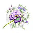 include all of these flowers: wisteria, poppy, morning glory, carnation, ivy, daisy, rose, violet, cornelia tattoo design idea