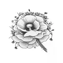 forearm sleeve with only these flowers: wisteria, poppy, morning glory, carnation, ivy, daisy, rose, violet, cornelia tattoo design idea